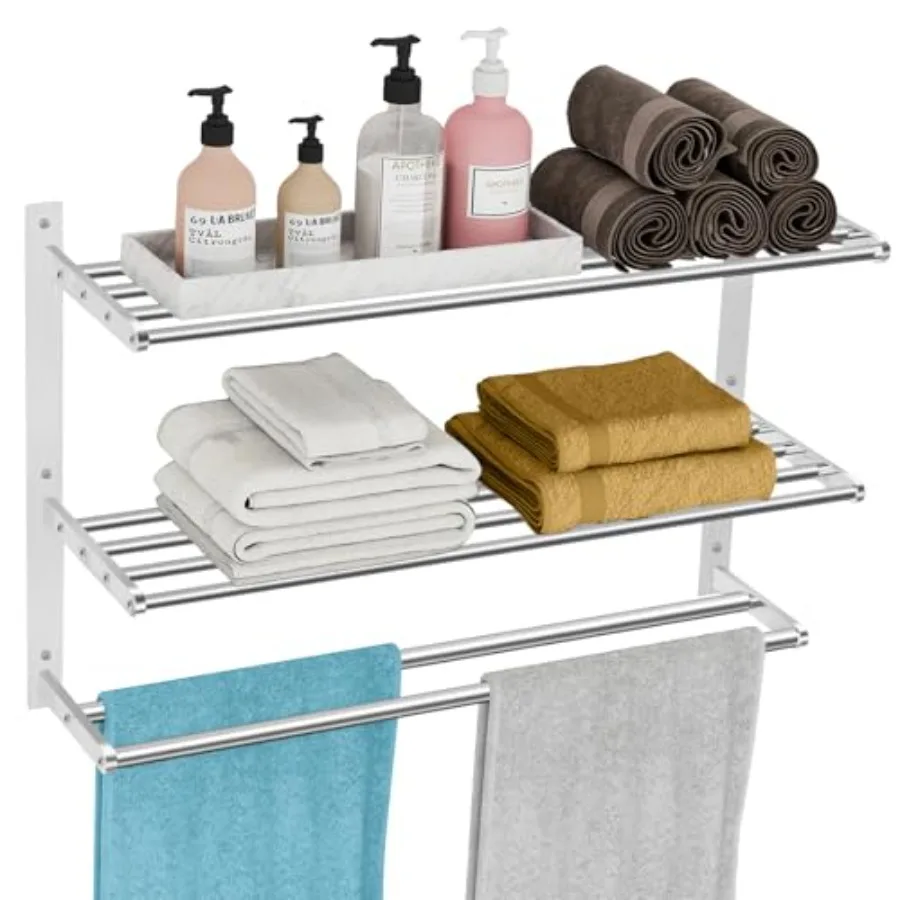 

Bathroom Towel Rack 24" 3 Tier Towel Racks for Bathroom Wall Mounted Bathroom Shelf with Double Towel Bar Stainless Steel Towel