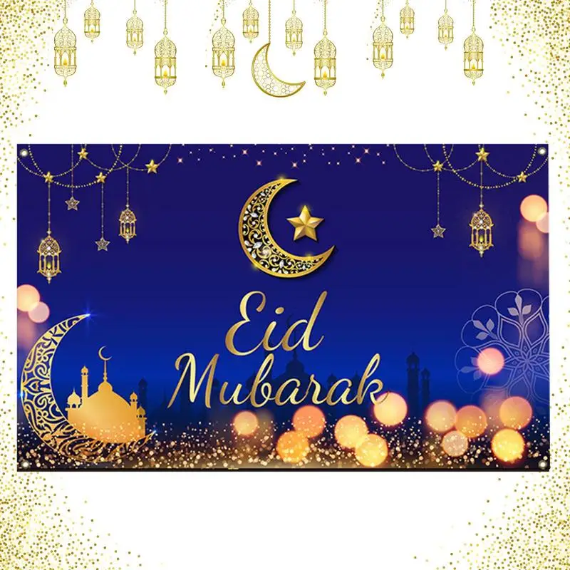 Happy Eid Banner Blue And Gold Eid Dangling Ornament 180x110cm/72x44inch Eid Sign Background Decorative Photo Booth Props For