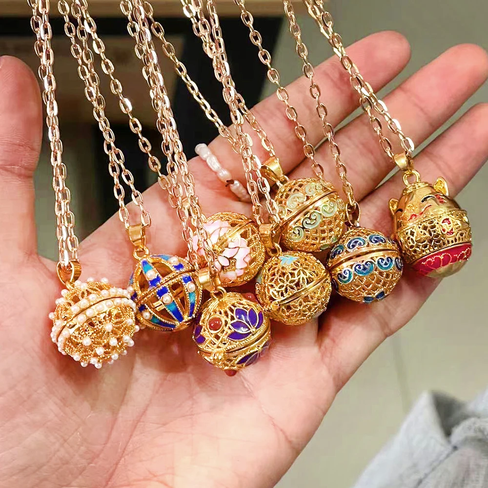 Mexico Chime Oil-Painted Flower Aromatherapy Silver Pendant Essential Oil Diffuser Glowing Ball Woman Necklace Accessories Gift