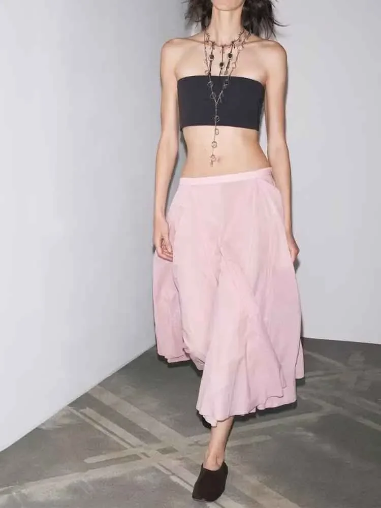 

European style new women's fashion versatile temperament solid color mid-waist wide hem A-line midi skirt