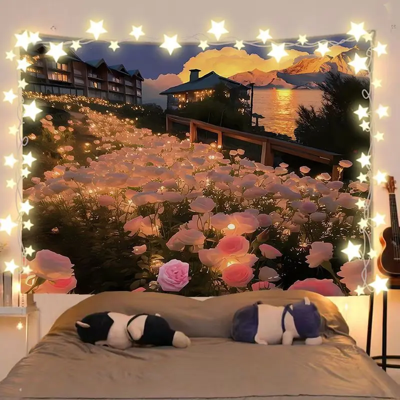 VIKAMA Lake Sunset Rose Sea Town Landscape Tapestry Wall Hanging Home Decor for Bedroom Living Room Dorm Twilight Linen