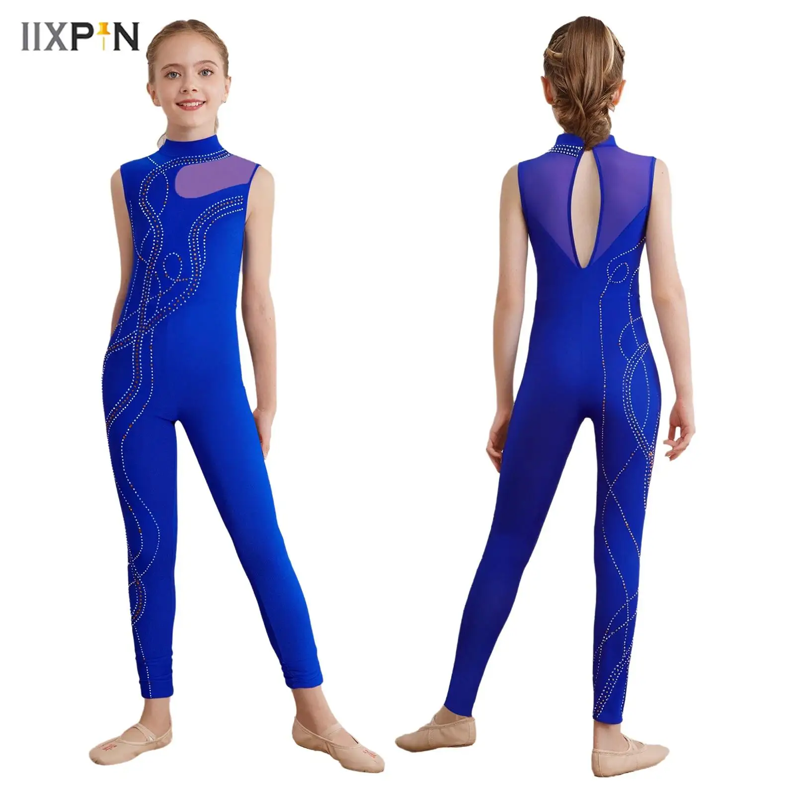 

Kids Girls Gymnastics Figure Skating Workout Jumpsuit Shiny Rhinestones Sleeveless Keyhole Back Sheer Mesh Full Body Bodysuit