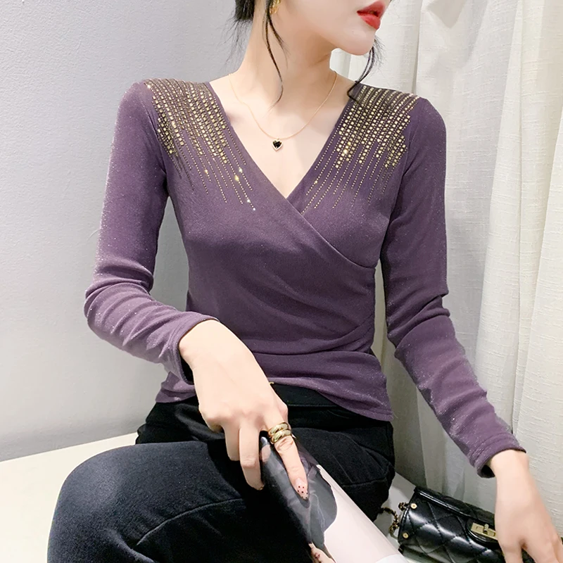 여성용 페이셔너블 미 베이스, 화려한 V넥 크로스 디자인, 슬림핏, 엘레 탑, 스트리트 스타일, 가을 겨울용