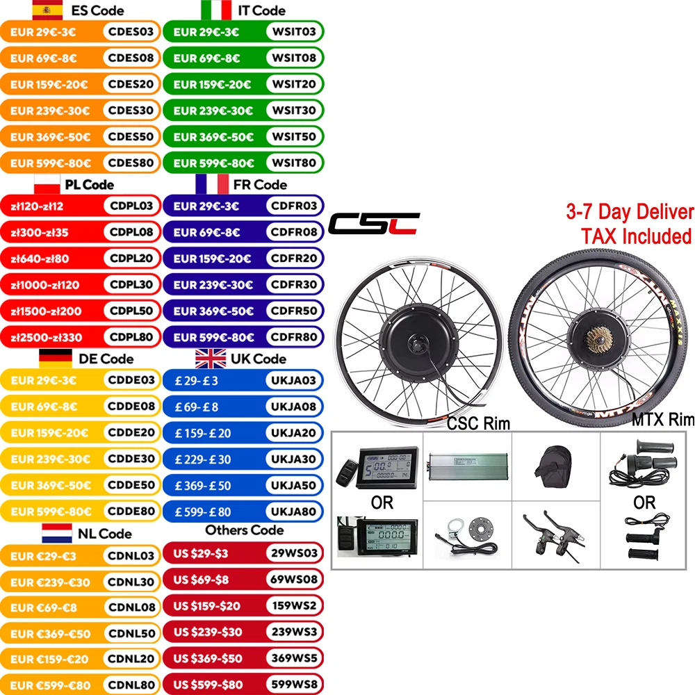 CSC 36V 250W 350W 500W Electric bike Conversion Kit 48V 1000W 1500W e-bike Front Rear Kit SUNRINGLE rim Wheel hub motor