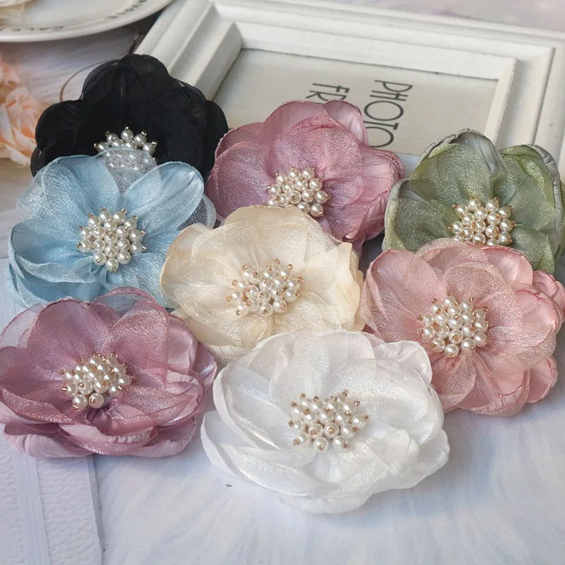 5Pcs 7.5CM Organza Chiffon Fabric Flower Beads Center Handmade DIY Artificial Flower Headwear Dress Hairpin Shoes Decor