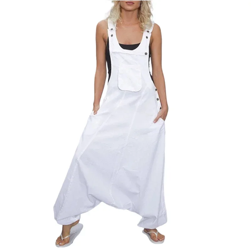 Women Summer Loose Thin Jumpsuits Harem Pants Wide Leg Pants Sleeveless Pockets Bib Jumpsuit Siamese Trousers Large Size S-5XL