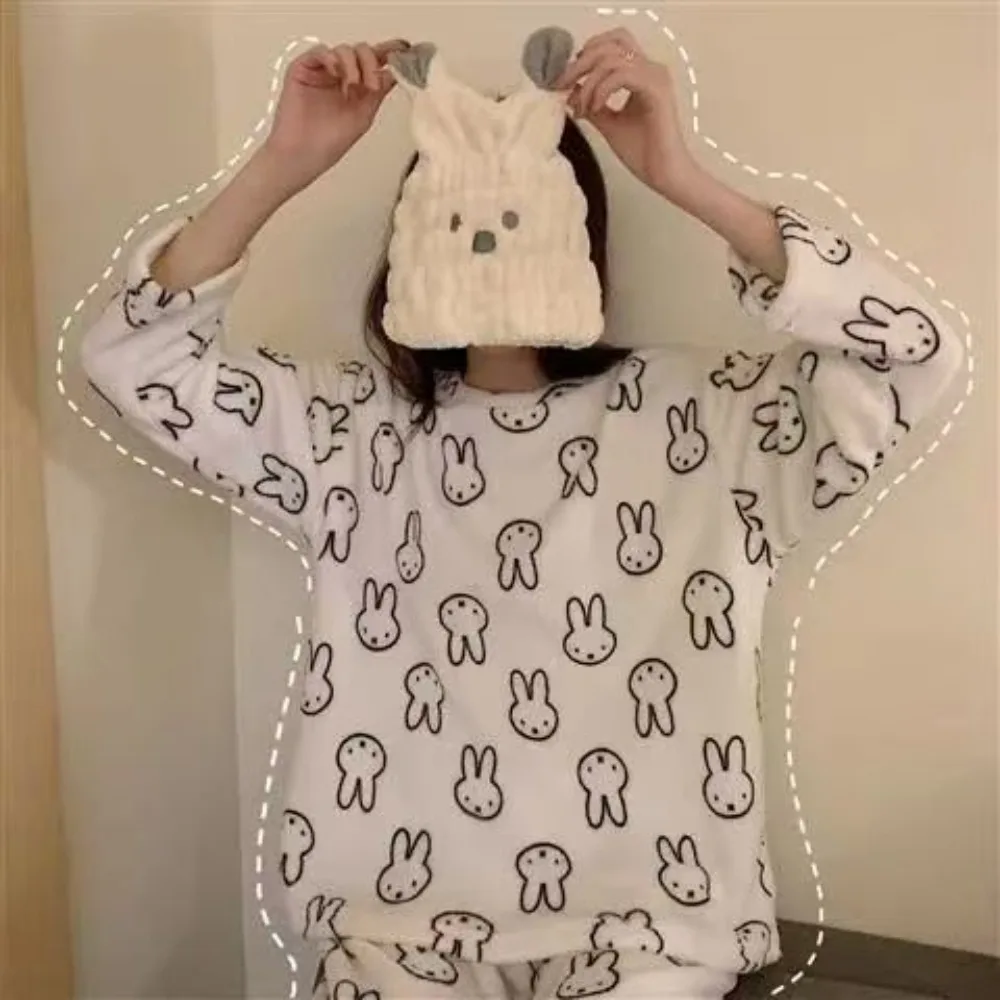 Miffy coelho coral velo pijamas manga longa engrossado flanela feminina conjunto de roupas para casa outono e inverno calor