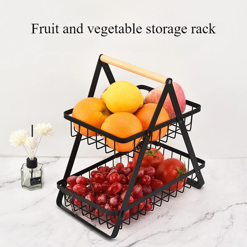 

2 Tier Fruit Basket,Portable Fruit Bowle Basket for Kitchen Organizer Storage Detachable Metal Rectangle Basket with Wood Handle