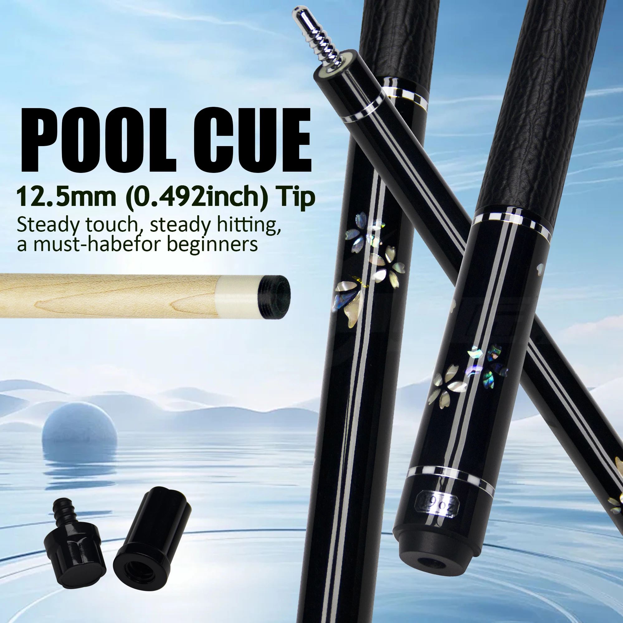High-end Maple Wood Inlaid Pattern Pool Cue - 12.5mm Tip Uni-loc Joint Black Floral Pattern Billiard Stick