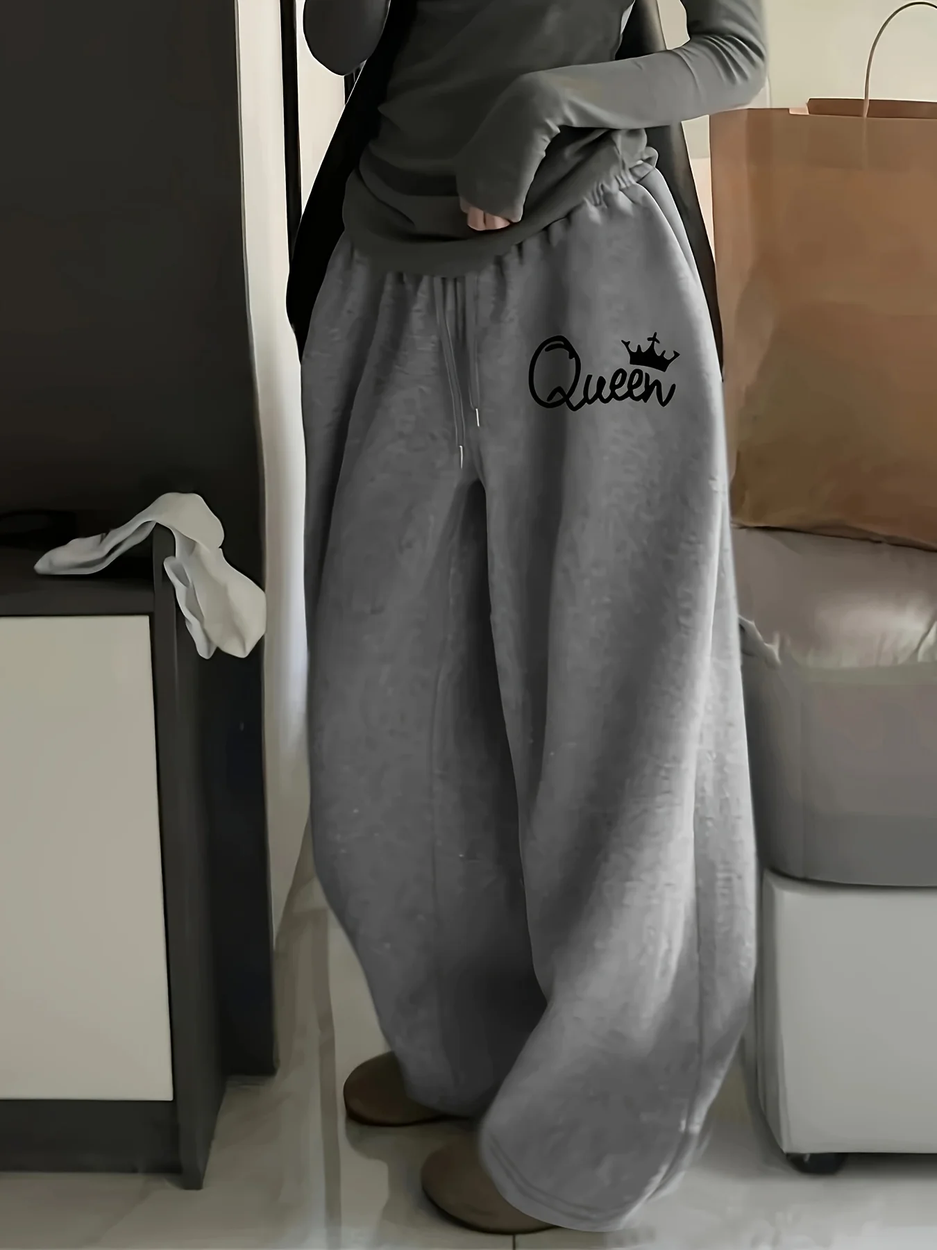 بنطلون رياضي نسائي للخريف والشتاء مقاس كبير فضفاض مستقيم من الصوف بحزام خصر مطاطي ملابس خروج عصرية أنيقة ومتعددة الاستخدامات #1