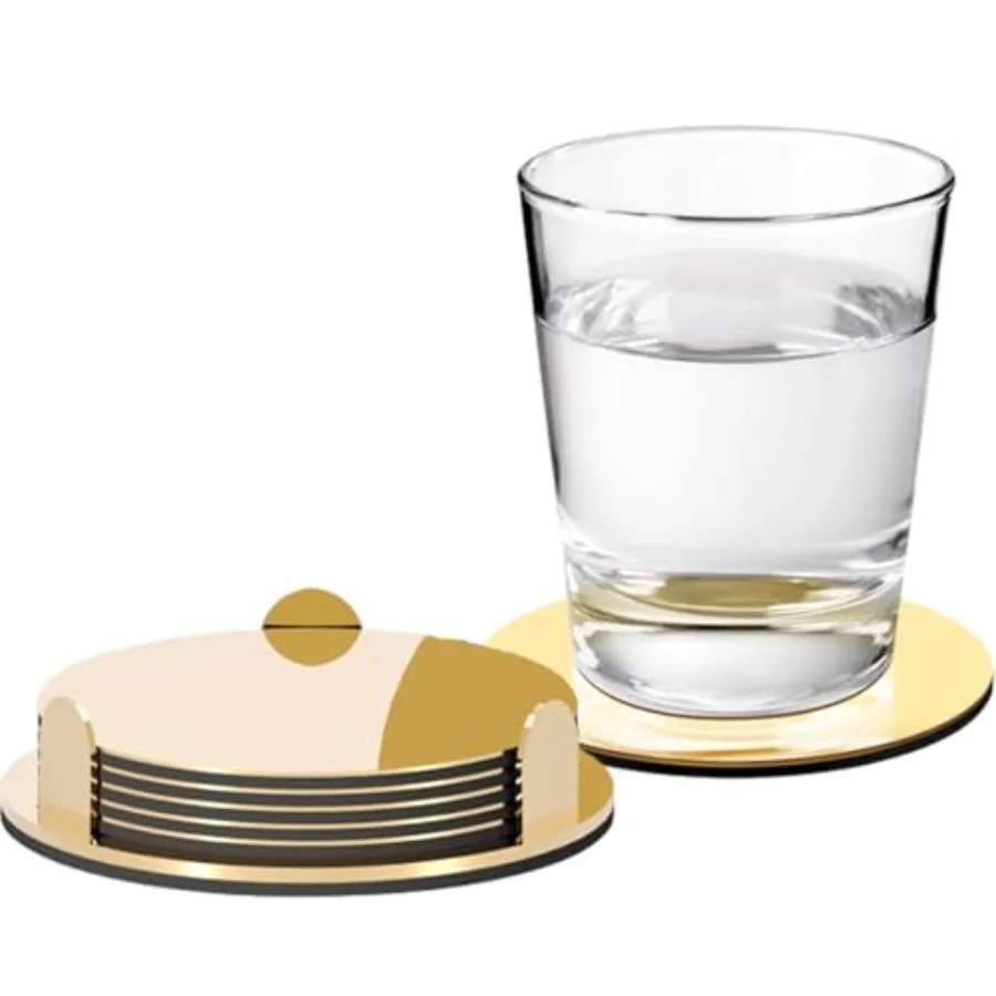 

Gold Coasters Set of 6 with Holder 3.54 in Round Stainless Steel Coaster with Non-Slip EVA Base Modern Mirror Coasters for Wedd