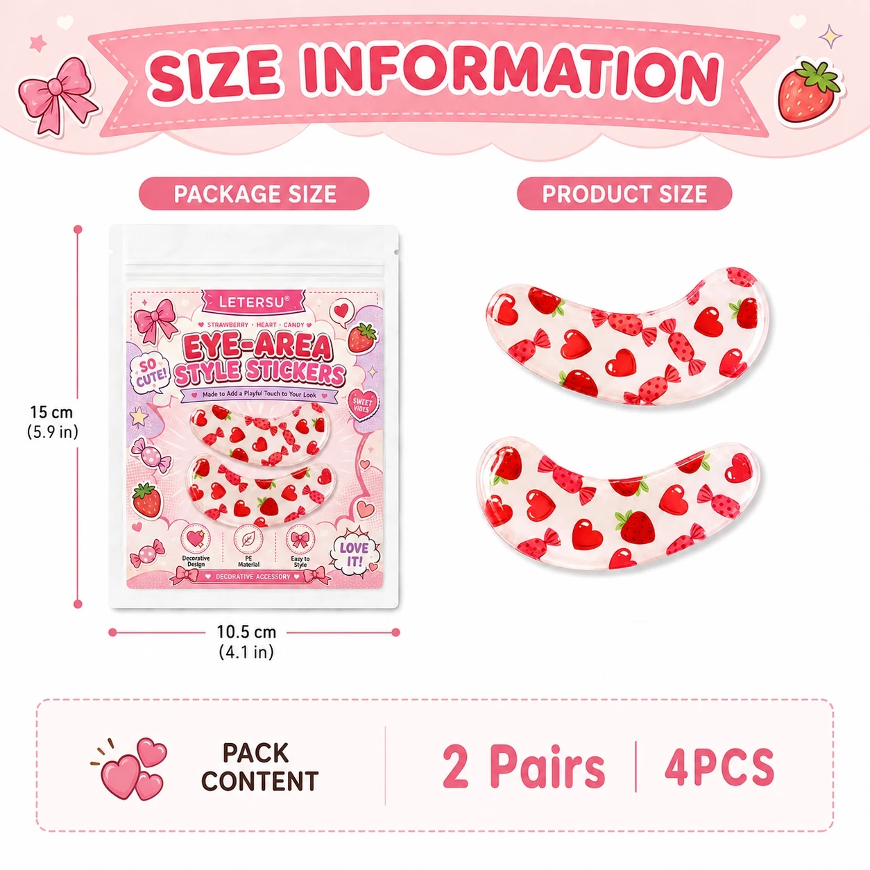 4PCS Strawberry Heart Under Eye Stickers Cute Face Decorative Patches for Party Makeup Festival Photo Props Accessories