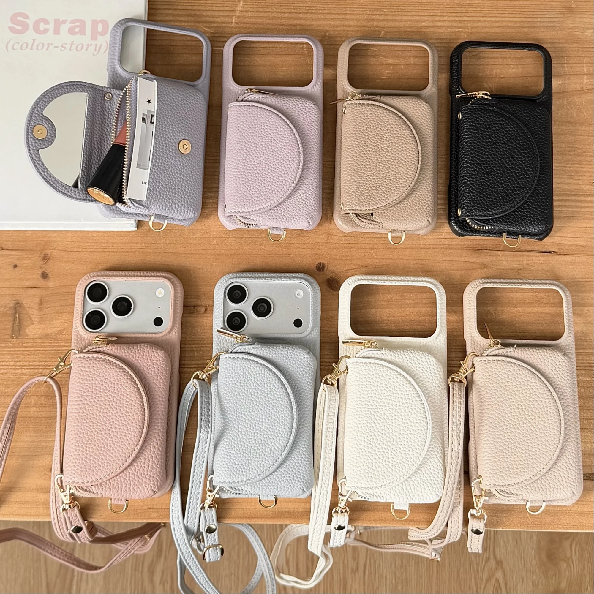 Etui na telefon iPhone 18 17 Pro Max 16 15 14 13 12 11 z paskiem na ramię, skórzanym paskiem, przegródkami na karty i wbudowanym lusterkiem do makijażu. — zdjęcie produktu 6