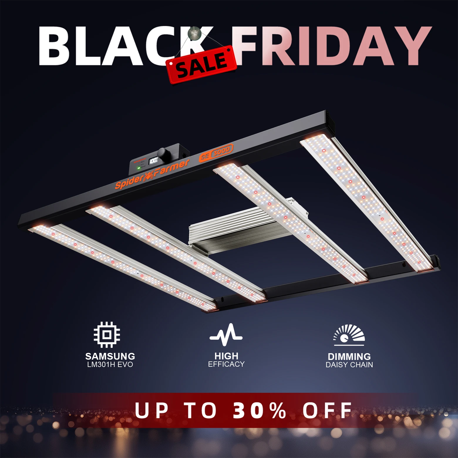 

Spider Farmer SE3000 300W Led Grow LightLM301H EVO Bluetooth & WiFi Smart APP Control Dimmable High Efficacy for 2x2FT