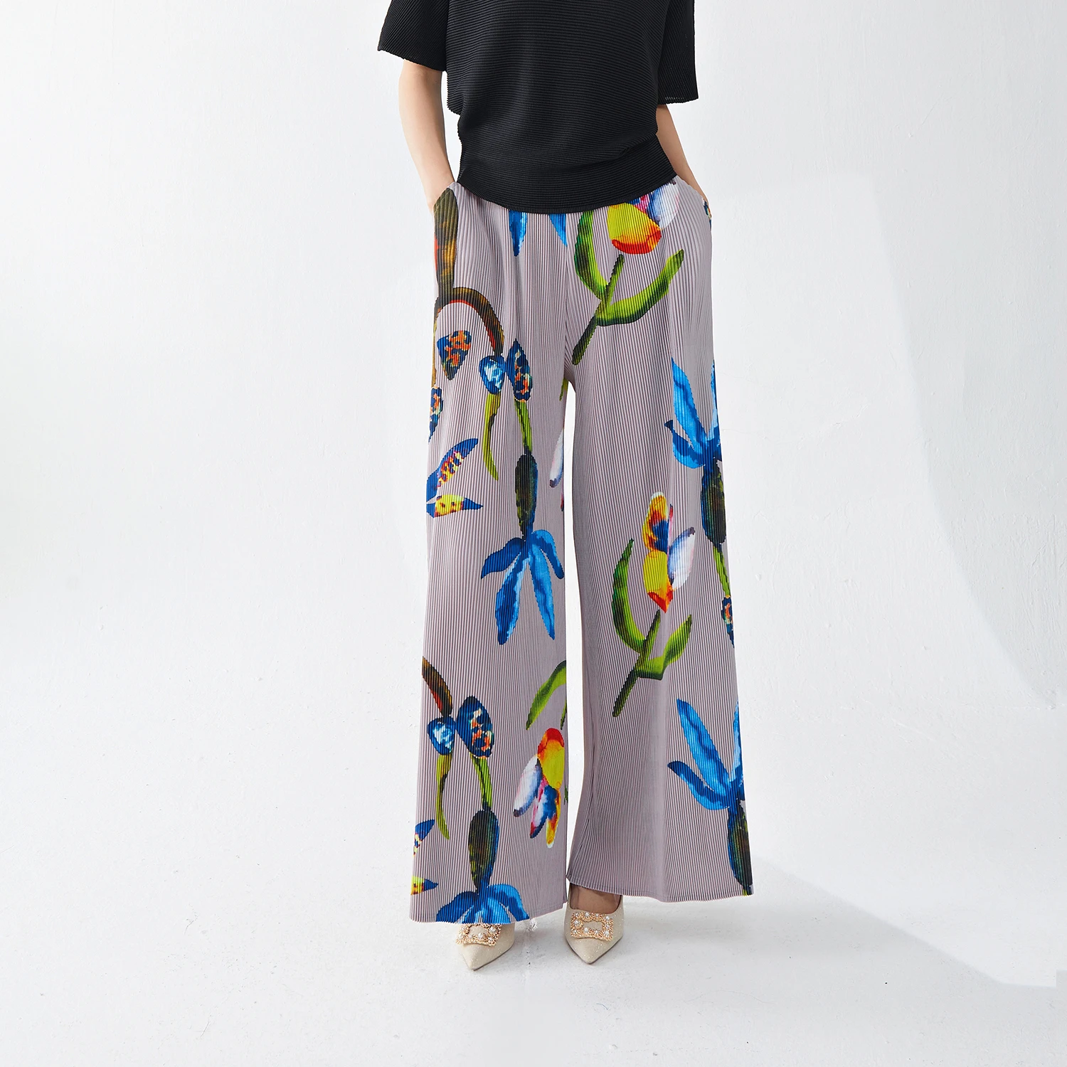 

Miyake Ladies High Quality New Summer Style Printed Straight Legs Loose Fit High-Waist Pleated Wide Leg Casual Pants