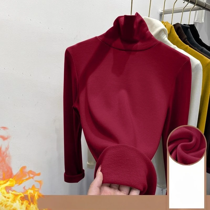 Winter-Damen-Top mit Stehkragen und dicker Samtbasis, langärmeliges T-Shirt für Frühling und Herbst, lässige Slim-Fit-High-Neck-warme Jacke