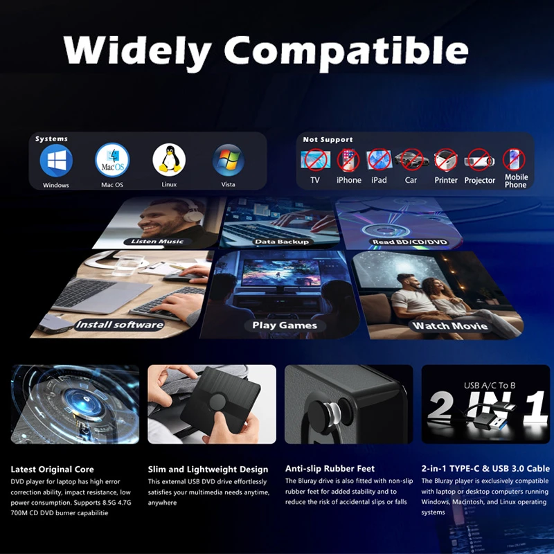 2 in 1 USB 3.0 External Blu Ray Drive Portable BD CD DVD Player Burner Writer and Reader Compatible for Windows 11 10 8 7 MacOS