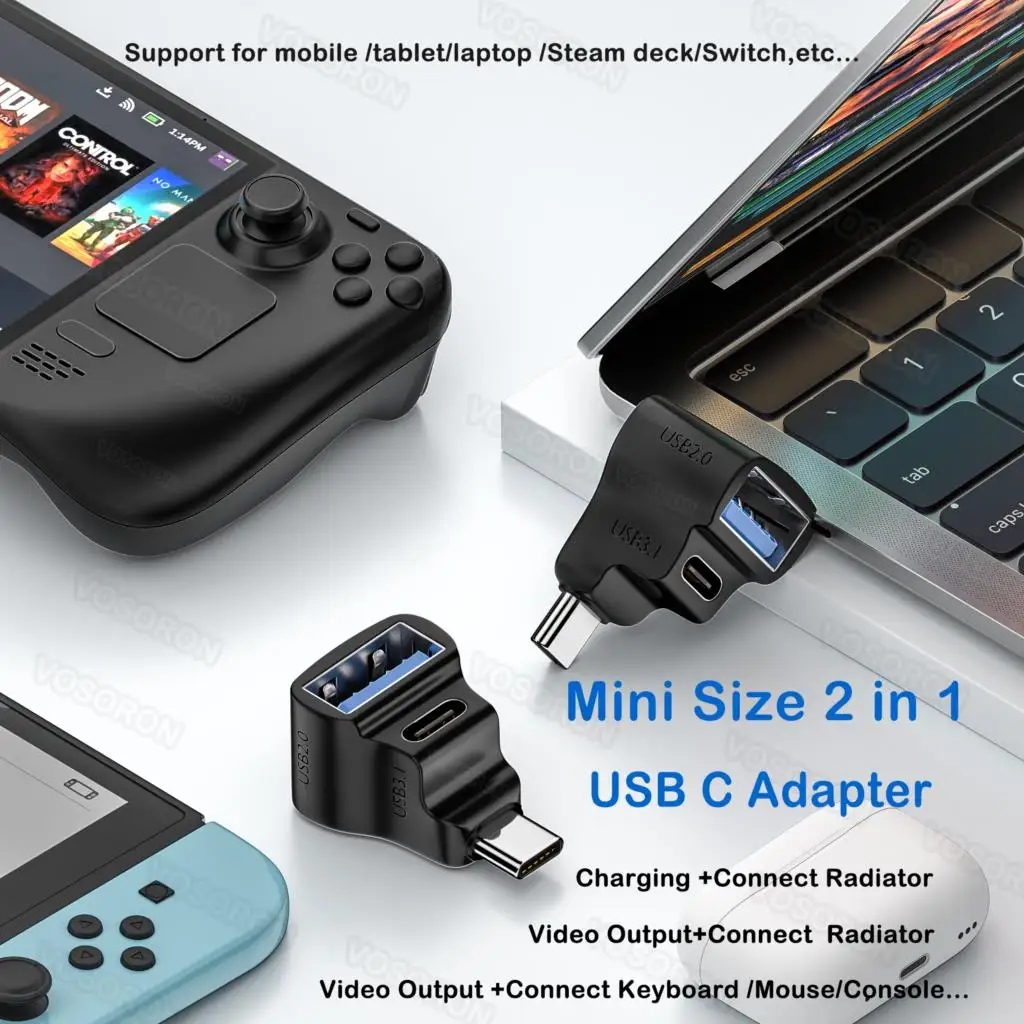 180 Degree U-shaped USB Type C Adapter OTG 20Gbps Fast Data Transfer USBC Charging Converter for Steam Deck/Nintendo Switch