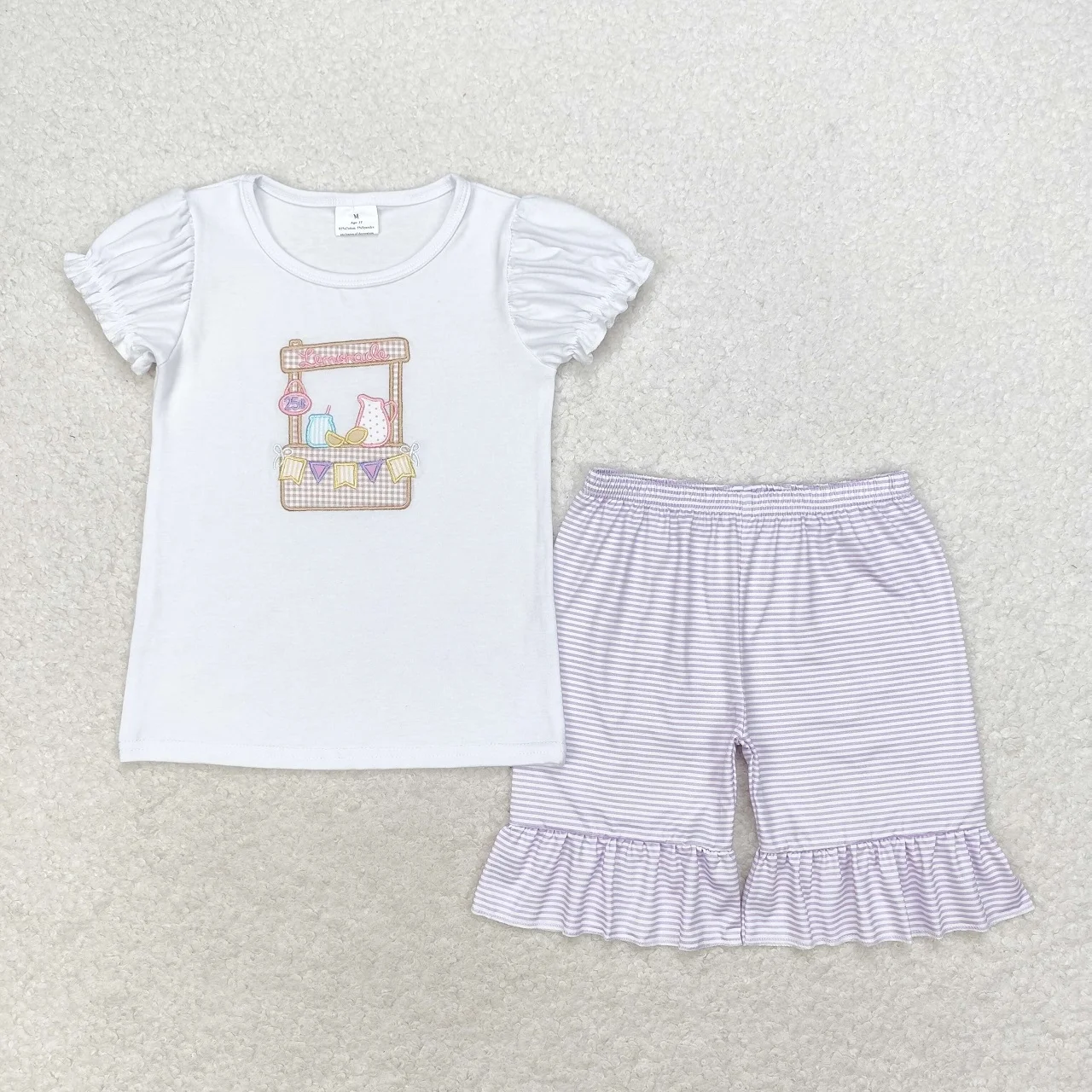 

Wholesale Children Embroidery Baby Girl Two Pieces Outfit Toddler Kids Short Sleeves White Shirt Purple Stripe Shorts Summer Set