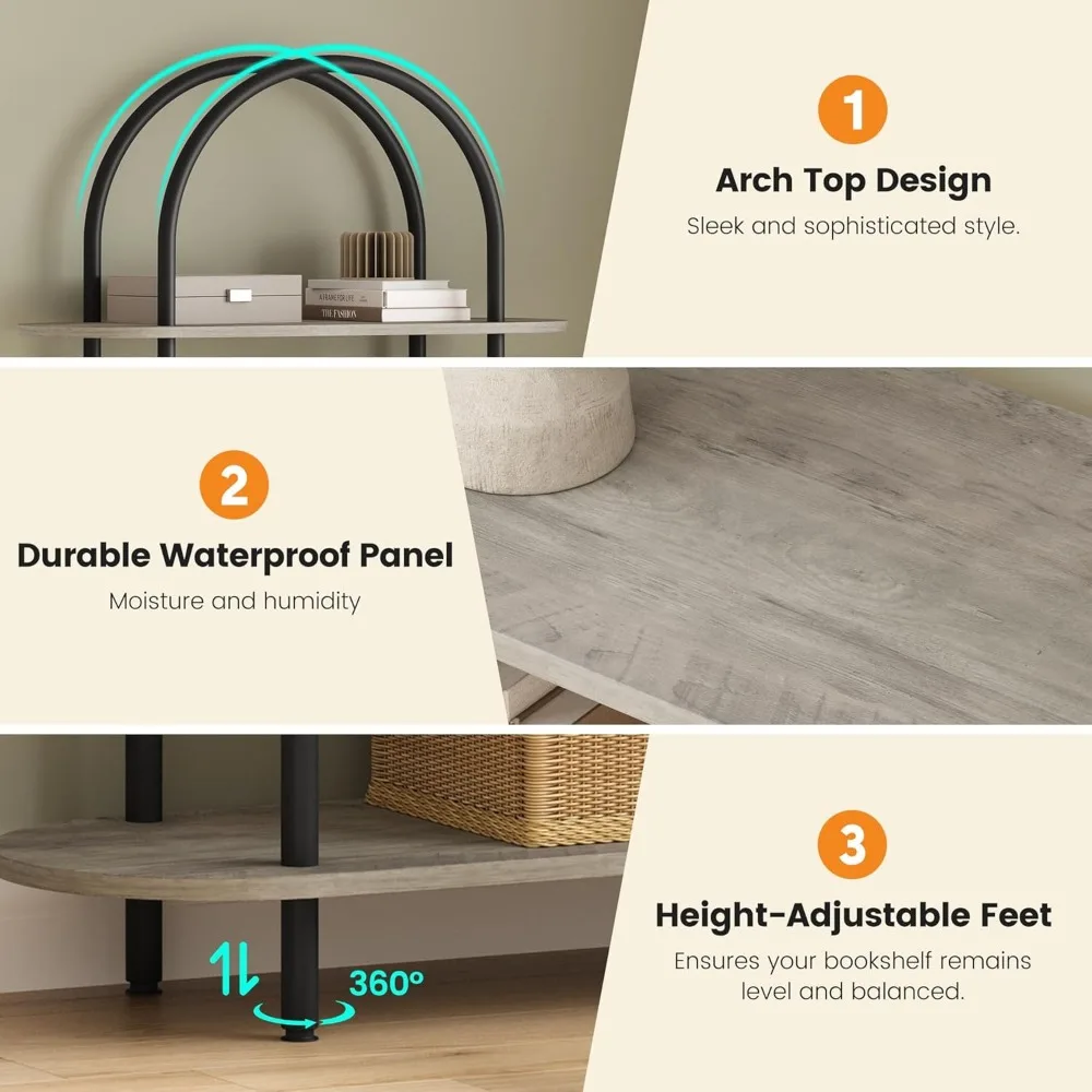 5-Tier Arched Bookshelf with Metal Frame for Home Display and Storage