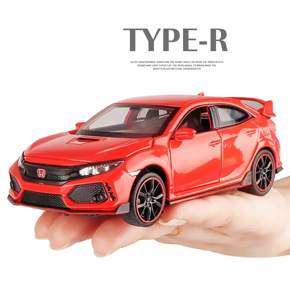 Diecasts Metal Car Toys para Crianças, 1:32 Modelo de Liga, Honda CIVIC TYPE-R Veículos, Luz Sonora, Puxar Brinquedos, Presente para Menino