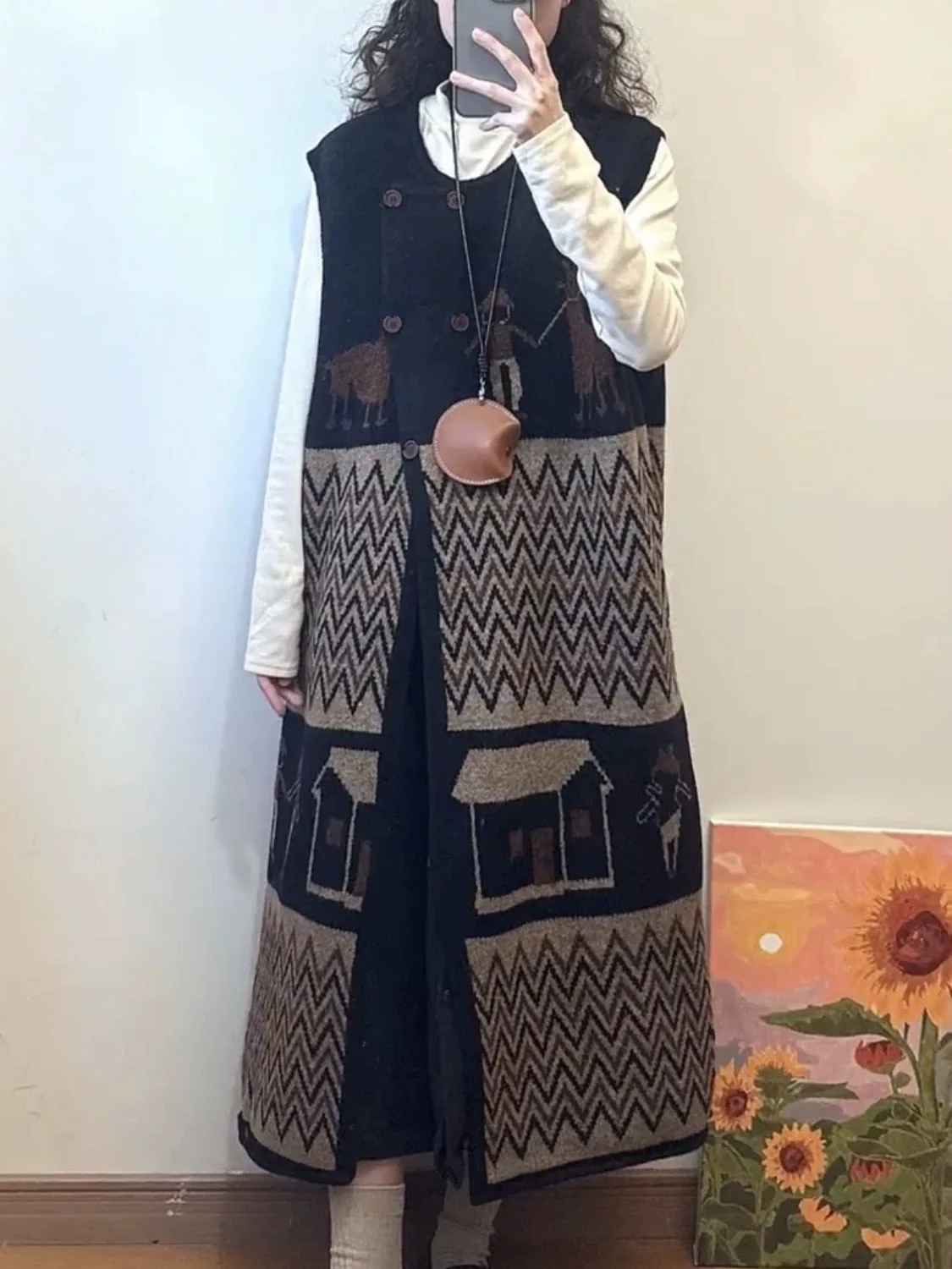 Mid-length Japanese Vintage Knitted Sweater Vest Skirt Women's New Autumn and Winter Layered Jacquard Thickened Vest Long