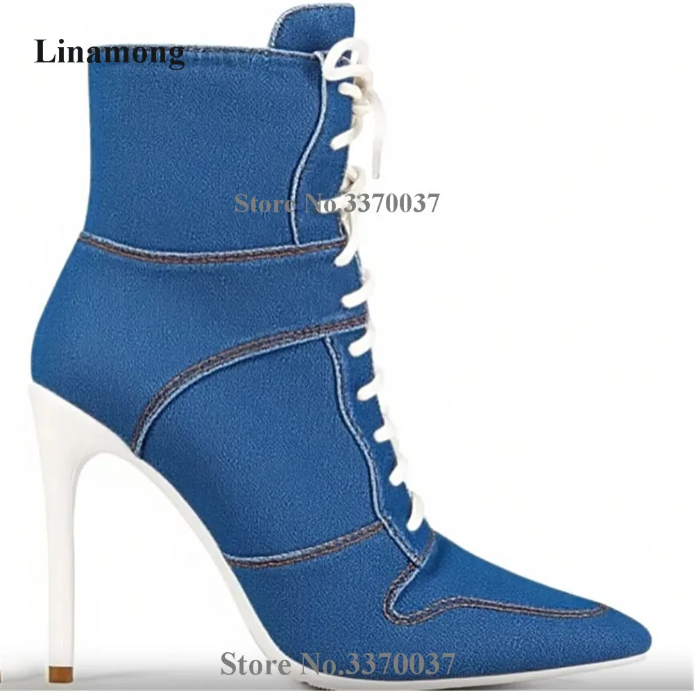 

Linamong Newest Blue Black Denim Stiletto Heel Short Boots Pointed Toe Lace-up Casual Sport Thin Heel Ankle Booties