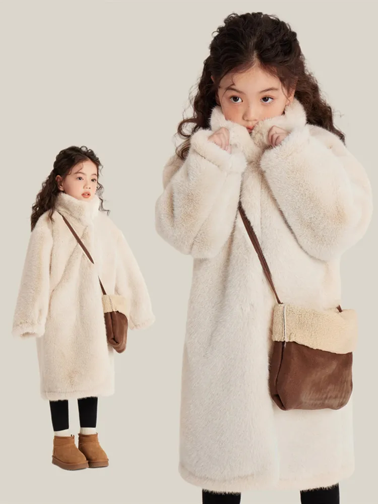 5-14T Girls Faux Fur Coat Winter Jackets Fashion Soild Stand Collar Warm Children'S Outerwear High Quality Beige White 120-160