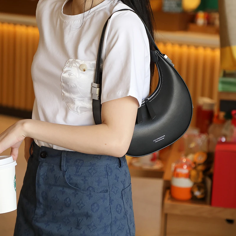 Hifashion Cow Genuine Leather Crescent Underarm Shoulder Bags For Women 2024 Trend Designer Half Moon Small Tote Ladies Handbags