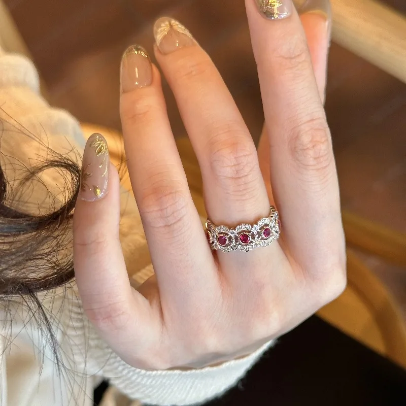 Light luxury silver 925 inlaid diamonds vintage hollow out lace ruby rings for women gorgeous style showy wedding ring jewelry