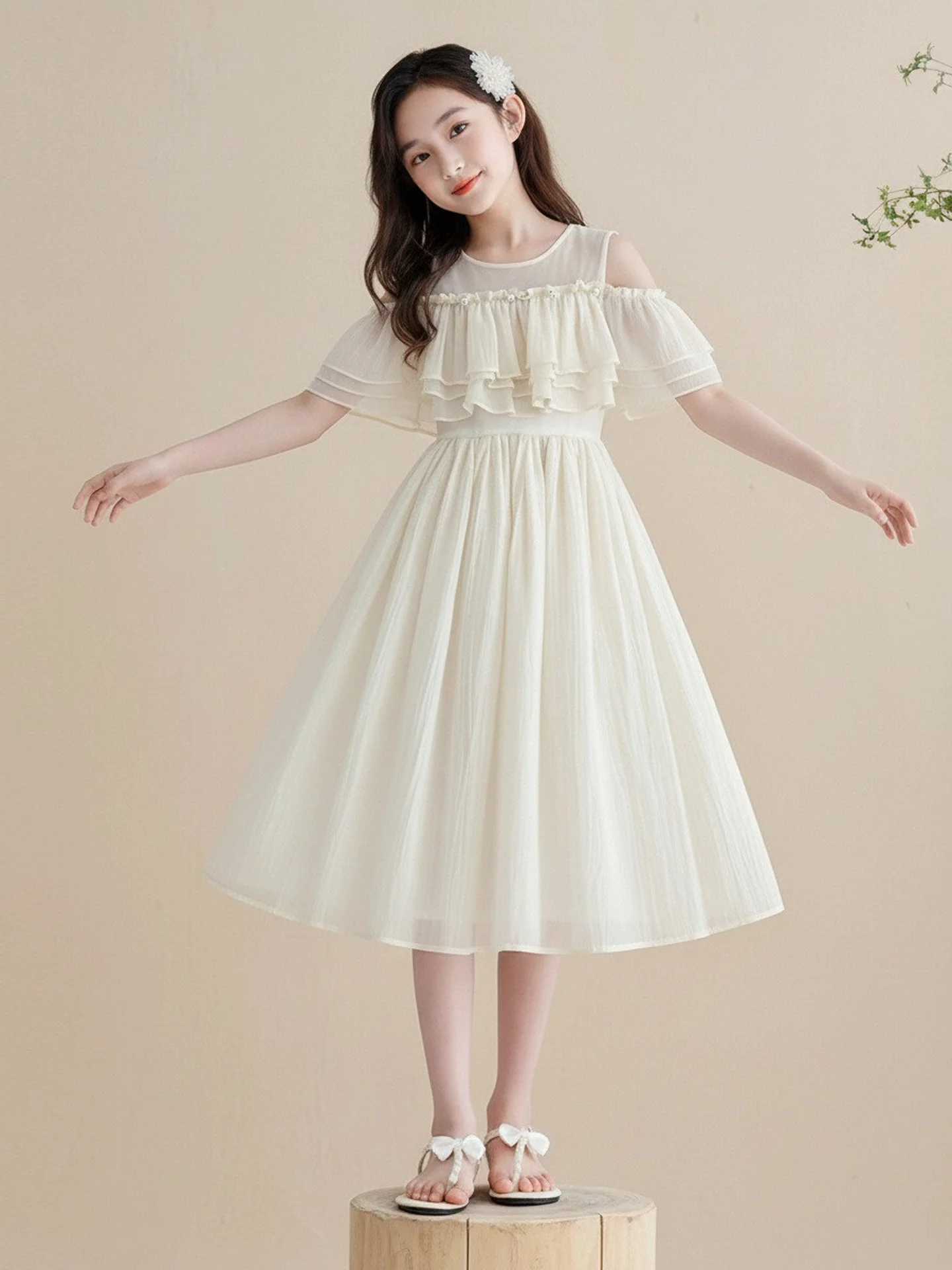 2026-new-princ-sle-girls-dr-soft-gentle-fairy-t-midi-skirt-cotton-polyester-blend-ort-sve-round-ne-pure-color
