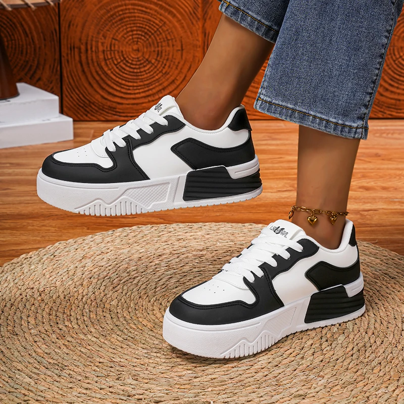 New Trendy Thick-Soled White Sneakers for Women, Color-Blocked, Genuine Leather, Lace-Up, Breathable