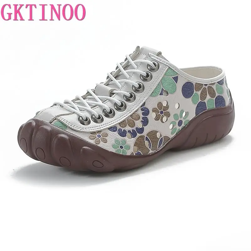 GKTINOO Genuine Leather Flats Women Sneakers Hollow Lace-up Round Toe 2024 New Summer Concise Leisure Retro Handmade Ladies Shoe