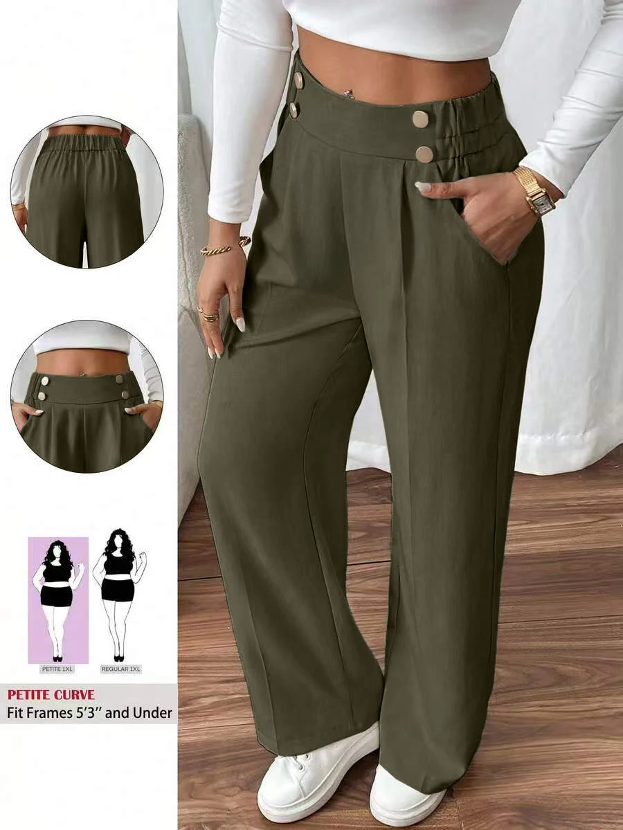 

Plus-Size Women's Double-Button Straight-Leg Elegant Work Pants, Suitable for Work and Casual Wear