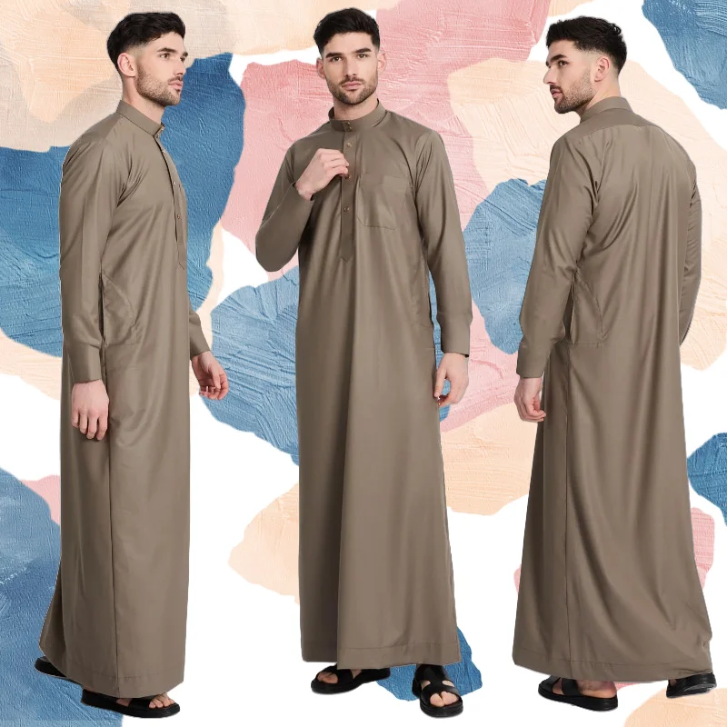 

Men's Robe Qatari Stand Collar Robe Pocket Design Arabic Middle Eastern Men's Clothing Costumes Accessories