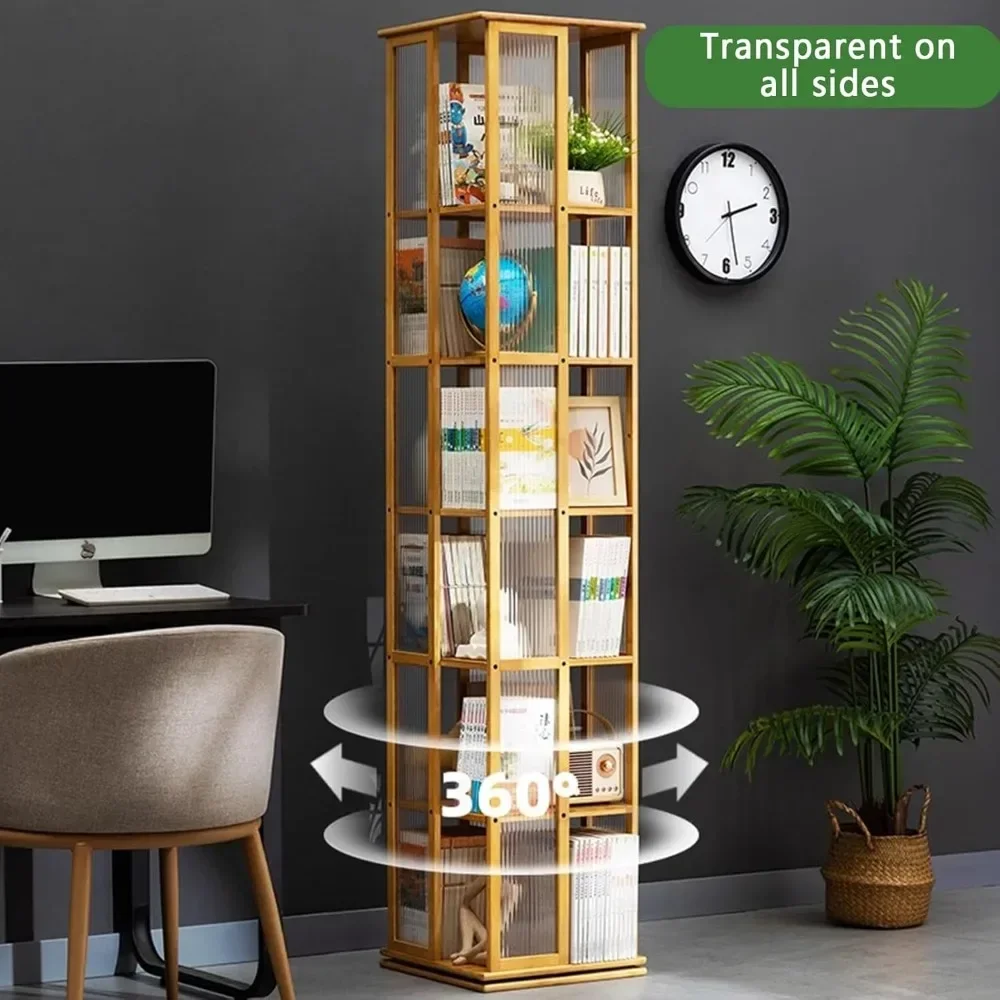 XMSJ-Vitrine avec porte d'armoire en acrylique, armoire de rangement avec 6 couches d'étagères de rangement, bibliothèque en bambou