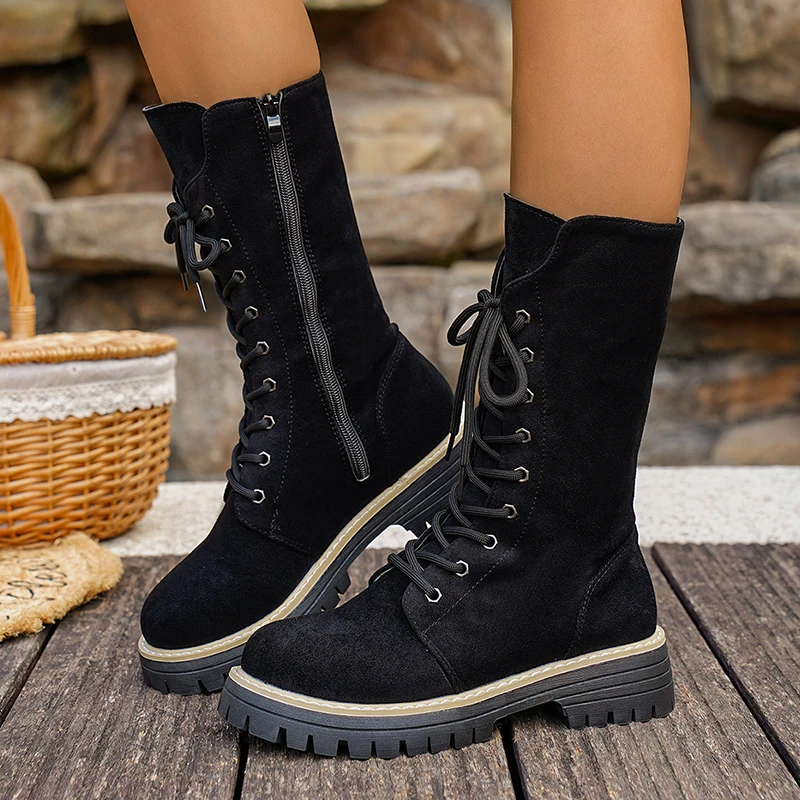 

Plus Size 43 Flock Platform Mid Calf Boots Women Fashion Lace Up Thick Sole Riding Boots Woman Side Zipper Autumn Winter Botas