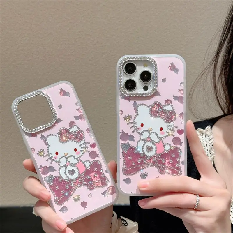 Diamond Bow Hello Kitty 11 15Promax Phone Case Cartoon Iphone 14Pro All Inclusive 13 12 Girlish Heart Phone Case Kawaii Gift