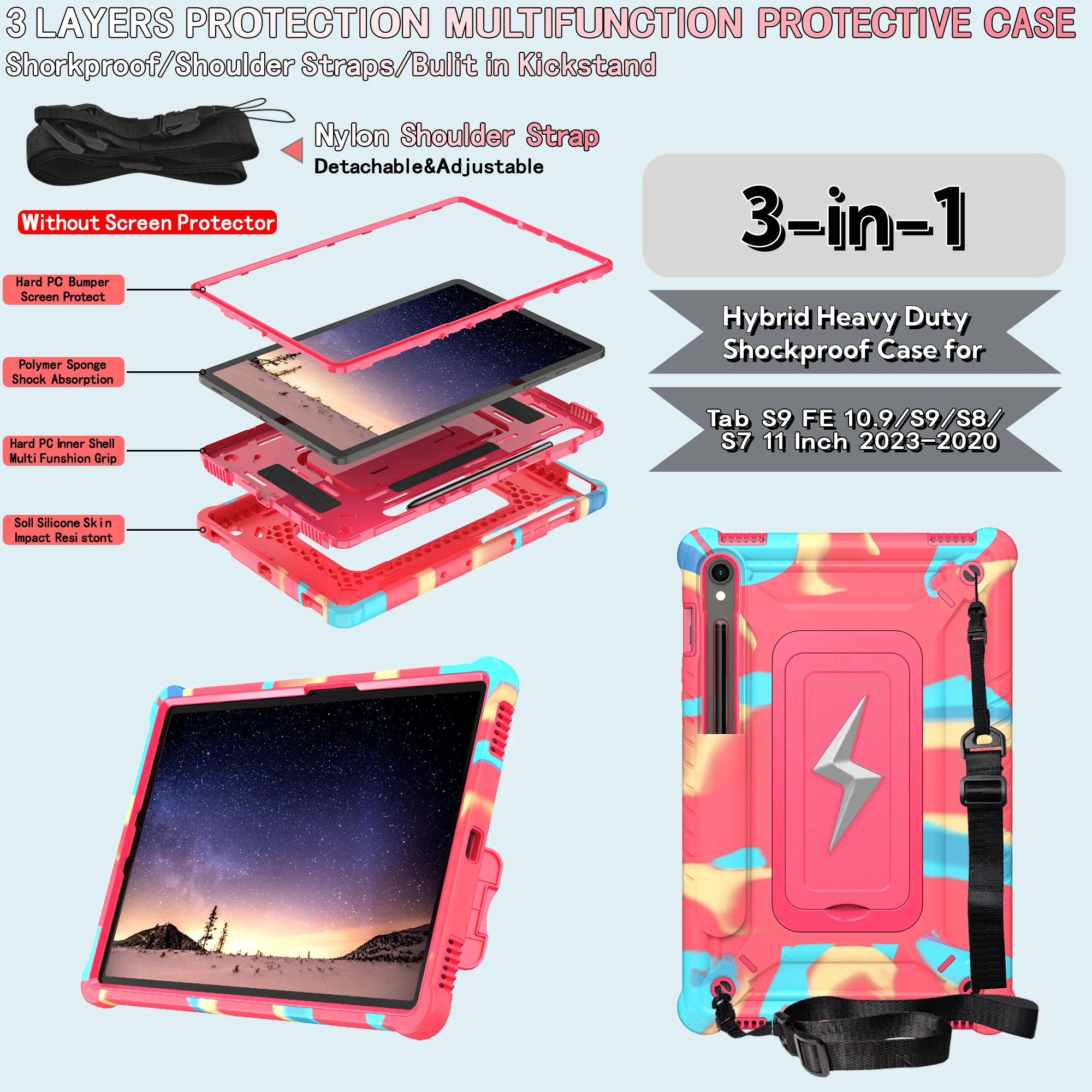 Case For Samsung Galaxy Tab S10 S9 FE S8 S7 Kids case With Foldable Bracket Protective Tablet Cover With Shoulder Straps