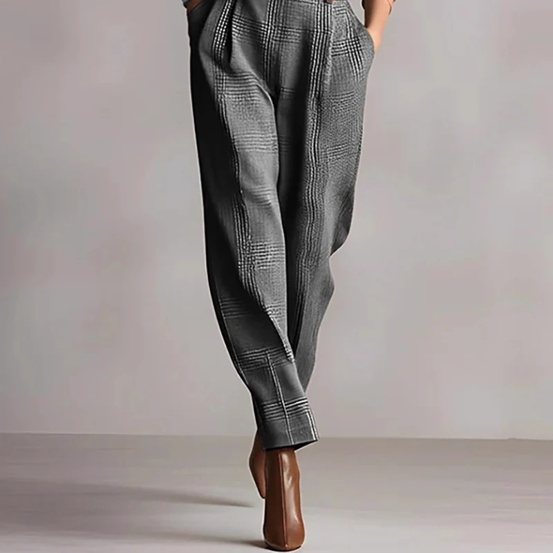 بدلة قفز كلاسيكية منقوشة عالية الخصر للسيدات أنيقة بياقة قميص وزر نحيف بدلة خريف بأكمام طويلة وجيب رومبير وزرة