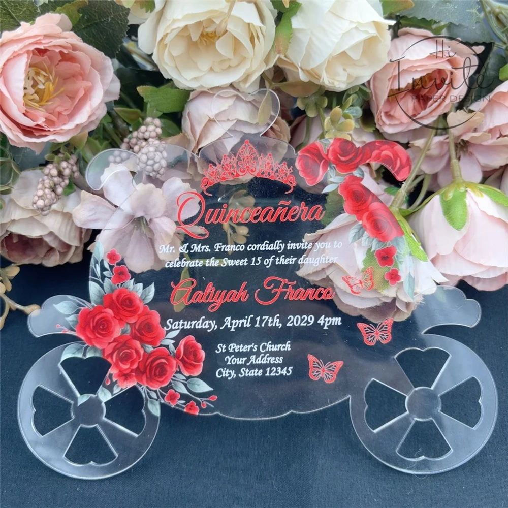 

Red Pumpkin Carriage Invitation on Acrylic Glass for Quinceanera, Cinderella Invitation, Bat Mitzvah Invite With Red Flower