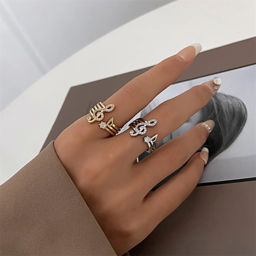 Fashion Gold Silver Color Zircon Music Note Ring Trend Copper Open Rings for Women Statement Finger Jewelry Wedding Decoration