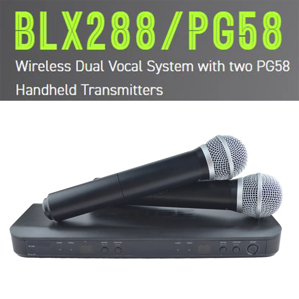 

BLX288/PG58 professional UHF PLL wireless Microphone BLX88 Dual Vocal System with two PG58 Handheld microfone for Stage Church