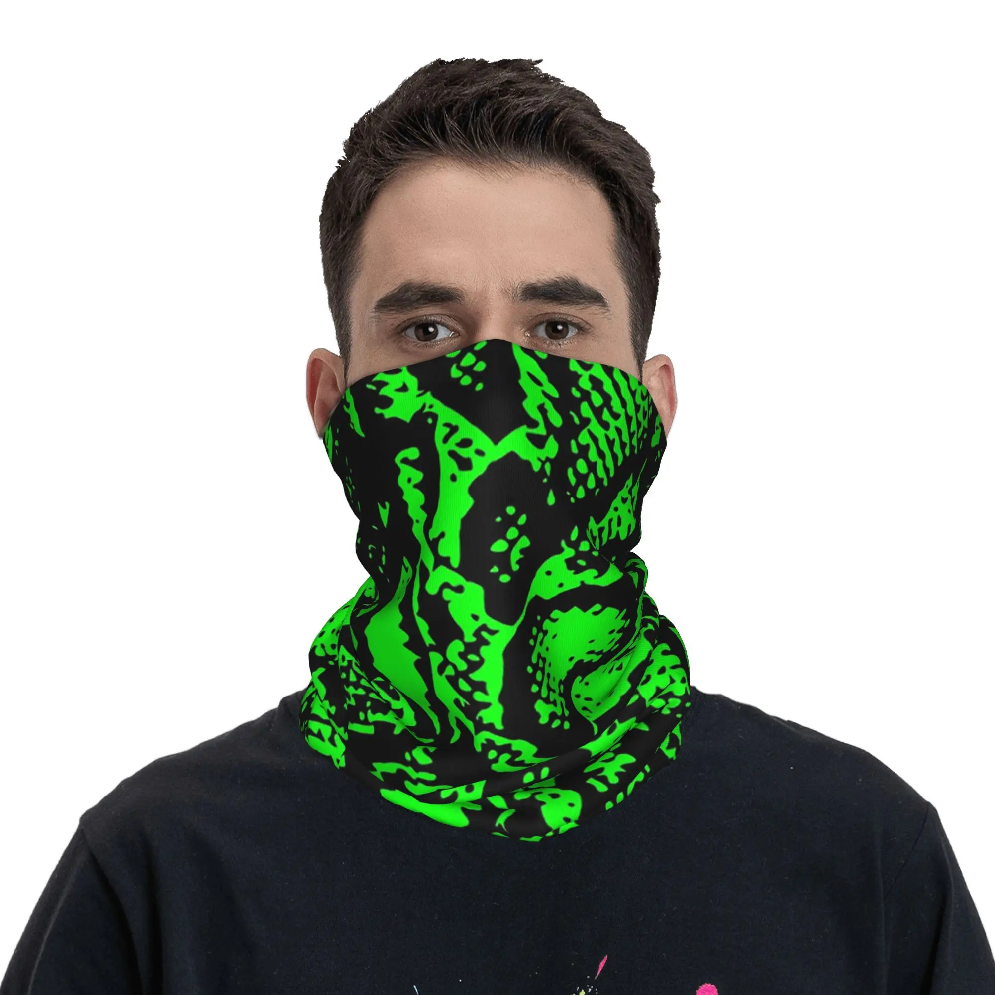 Lime Green and Black Python Snake Skin Design Bandana Neck Gaiter Printed Mask Scarf Warm Balaclava Hiking Fishing Unisex Adult