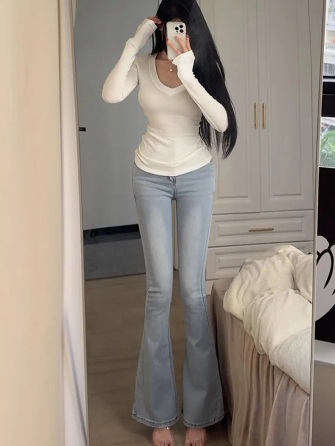 High Waist Flared Jeans Women's Bootcut Denim Pants Butt Lifting Slimming Cotton Stretch Retro Waed Small Stature 50cm