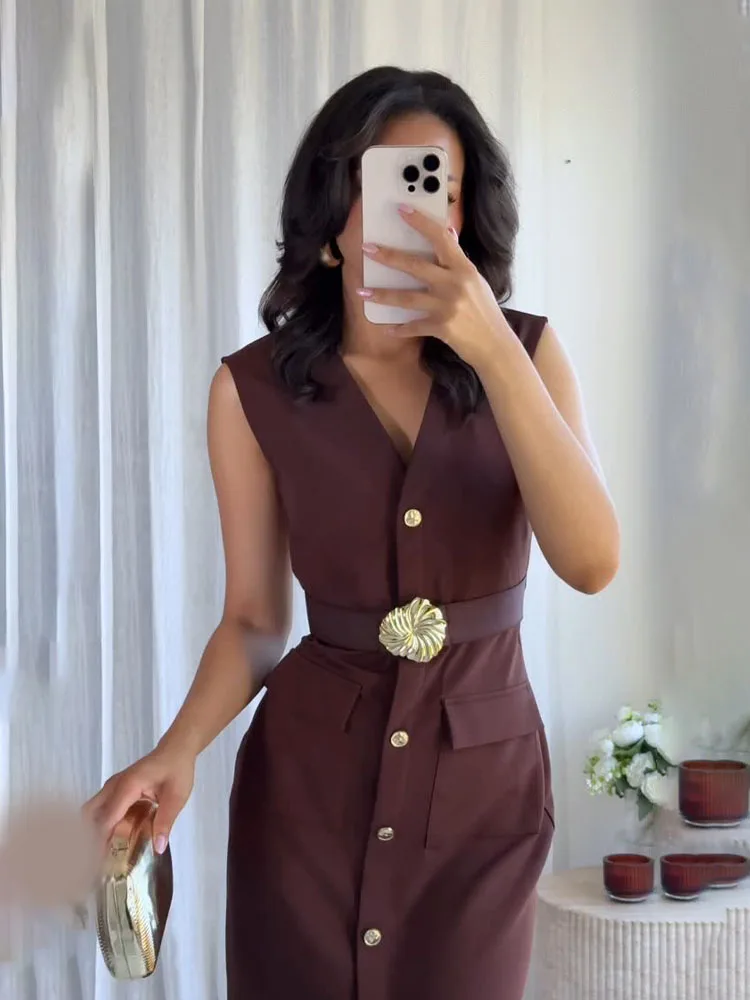 HH Abito lungo moda estiva da donna Solido scollo a V senza maniche Tasche Decorazione cintura Bottone Cerniera Abiti eleganti femminili