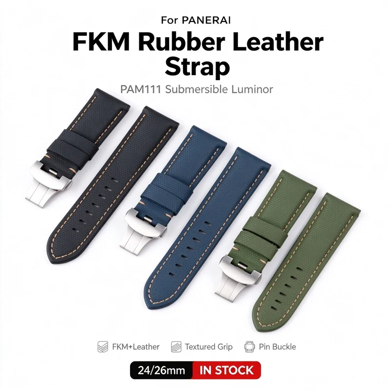 FKM Rubber Leather Strap for Panerai PAM111 Submersible Luminor 24mm 26mm Black Blue Green Pin Buckle Men Replacement Watch Band