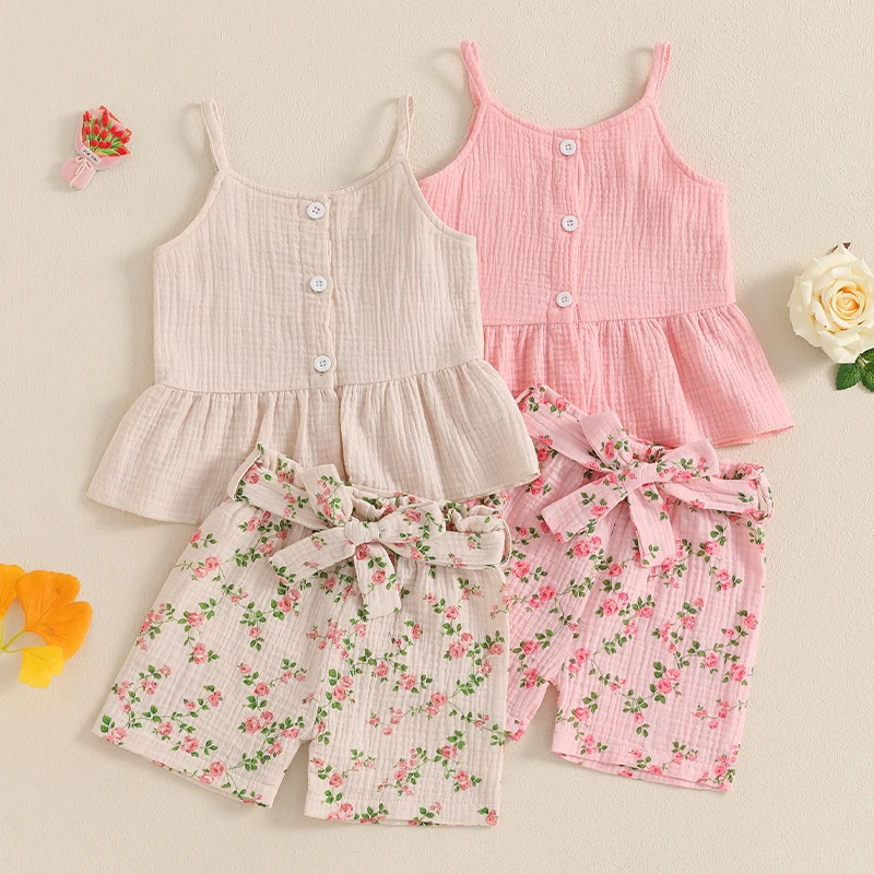 1-4Y Summer Kids Baby Girl Solid Button Front Camisole Tops Floral Print Shorts 2PCS Outfits Girls Children Clothing Set