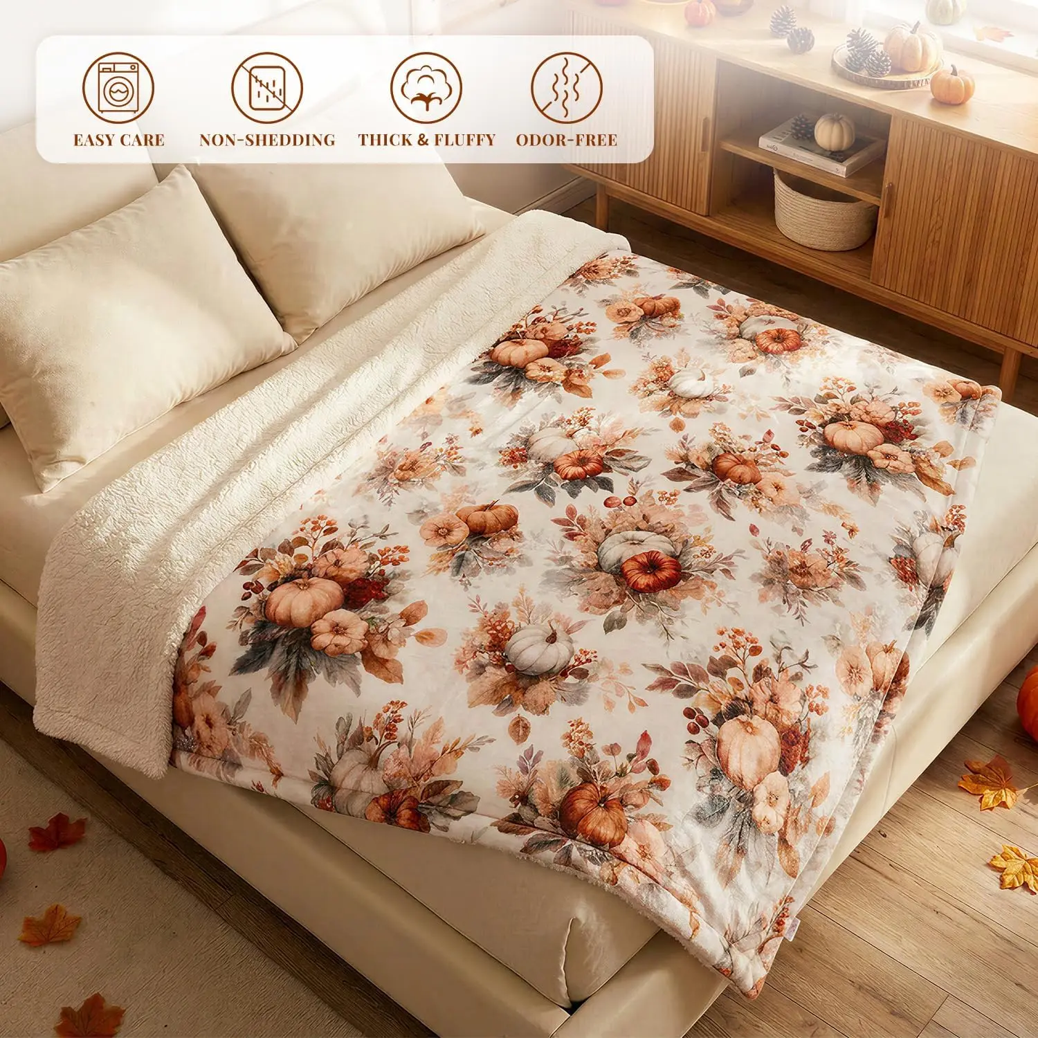 EVERLORIA Fall Pumpkin Throw Blanket 50"x60", Soft Warm Flannel Sherpa Fleece Autumn Blanket, Orange Pumpkin & Maple Leaves Throw for Sofa Couch Bed, Cozy Farmhouse Thanksgiving Home Decor Gift - view 3