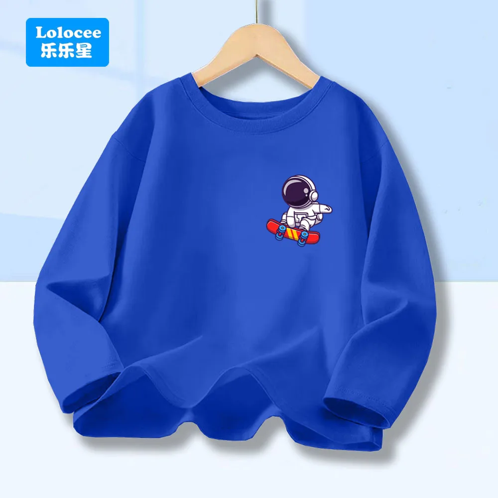 Kids Boys Long Sleeve T-Shirt: Cute Astronaut Skateboard Pattern Cotton Tops, Casual Daily Wear Tee for Children 3-14year YHY1